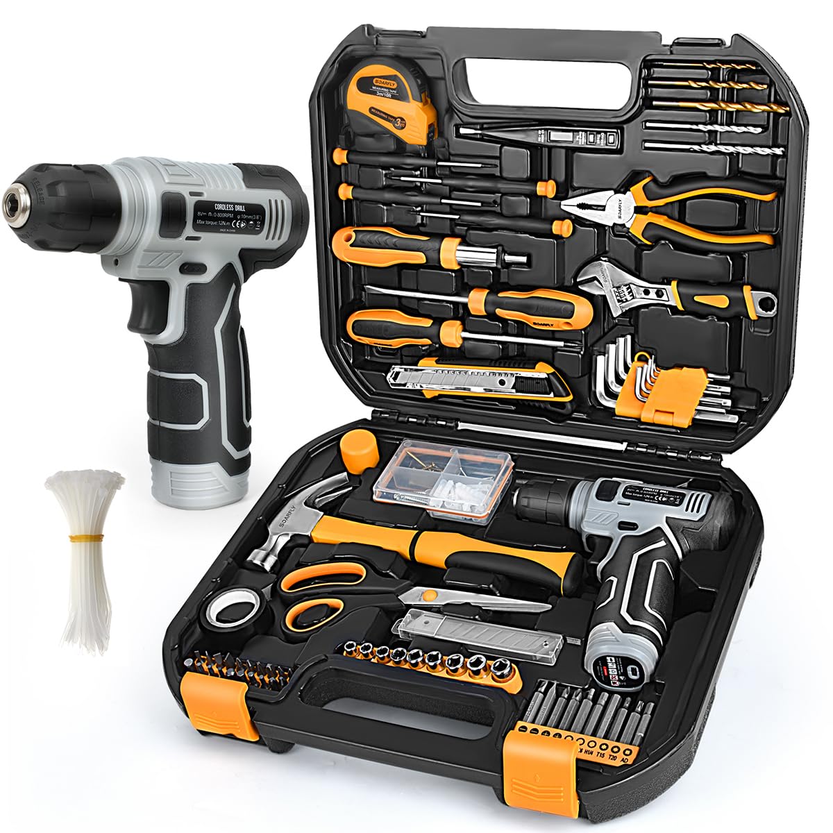 Upgraded 180 Piece Tool Set, Tool Kit with 8V Cordless Drill Set, General Household Hand Drill Kit for Men and Women, Plastic StoraToolbox for DIYers, Home Maintenance and Everyday Repairs(Orange)