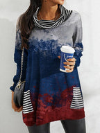 Casual Loose Print Long-Sleeved Striped Pile Collar T-Shirt