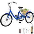 Adult Tricycle 24",1-Speed 3 Wheel Bike Seat Adjustable Trike with Bell Brake System and Basket Cruiser Bicycles LarSize for Shopping( Blue)