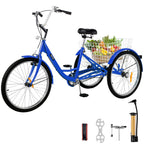 Adult Tricycle 24",1-Speed 3 Wheel Bike Seat Adjustable Trike with Bell Brake System and Basket Cruiser Bicycles LarSize for Shopping( Blue)