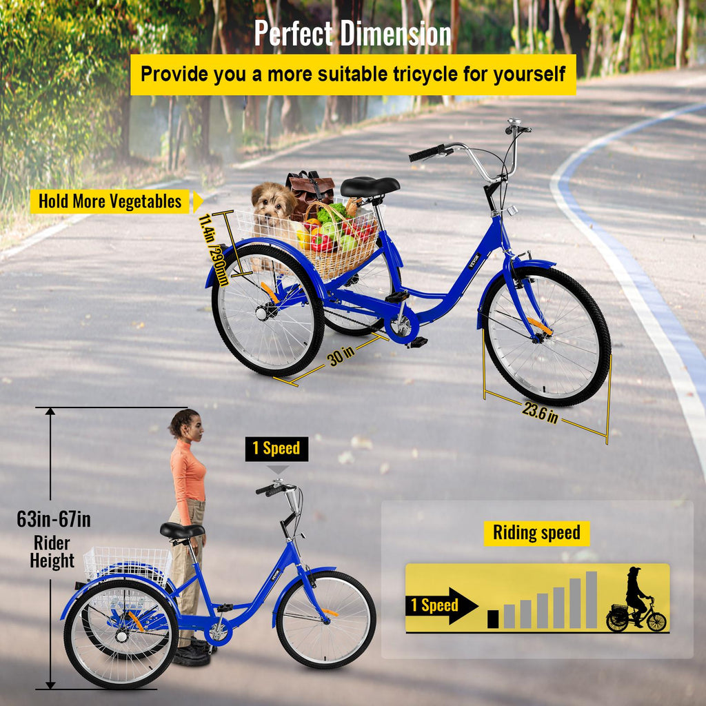 Adult Tricycle 24",1-Speed 3 Wheel Bike Seat Adjustable Trike with Bell Brake System and Basket Cruiser Bicycles LarSize for Shopping( Blue)