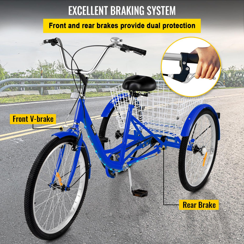 Adult Tricycle 24",1-Speed 3 Wheel Bike Seat Adjustable Trike with Bell Brake System and Basket Cruiser Bicycles LarSize for Shopping( Blue)