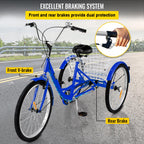 Adult Tricycle 24",1-Speed 3 Wheel Bike Seat Adjustable Trike with Bell Brake System and Basket Cruiser Bicycles LarSize for Shopping( Blue)
