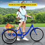Adult Tricycle 24",1-Speed 3 Wheel Bike Seat Adjustable Trike with Bell Brake System and Basket Cruiser Bicycles LarSize for Shopping( Blue)