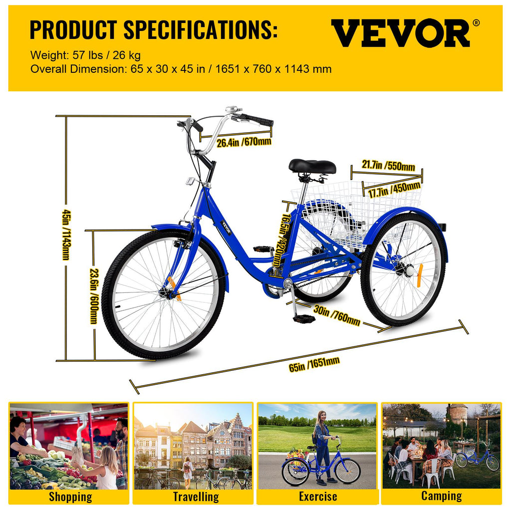 Adult Tricycle 24",1-Speed 3 Wheel Bike Seat Adjustable Trike with Bell Brake System and Basket Cruiser Bicycles LarSize for Shopping( Blue)