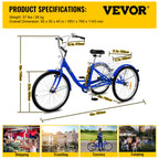 Adult Tricycle 24",1-Speed 3 Wheel Bike Seat Adjustable Trike with Bell Brake System and Basket Cruiser Bicycles LarSize for Shopping( Blue)