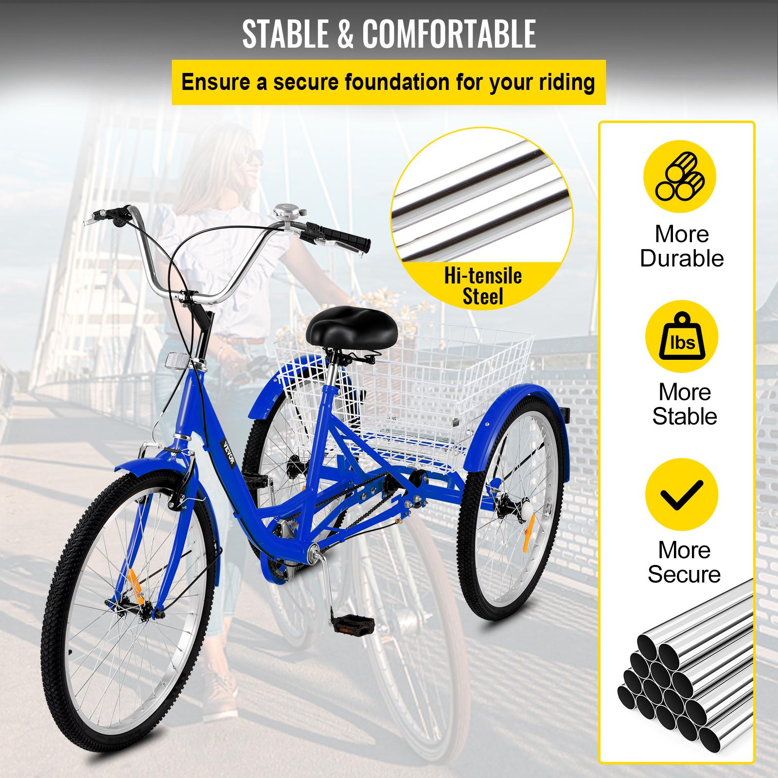 Adult Tricycle 24",1-Speed 3 Wheel Bike Seat Adjustable Trike with Bell Brake System and Basket Cruiser Bicycles LarSize for Shopping( Blue)