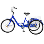 Adult Tricycle 24",1-Speed 3 Wheel Bike Seat Adjustable Trike with Bell Brake System and Basket Cruiser Bicycles LarSize for Shopping( Blue)