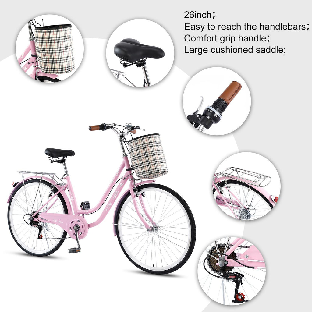 Campingsurvivals Urban Commuter City Bike, 7 Speed Adult Road Bicycle, Pink