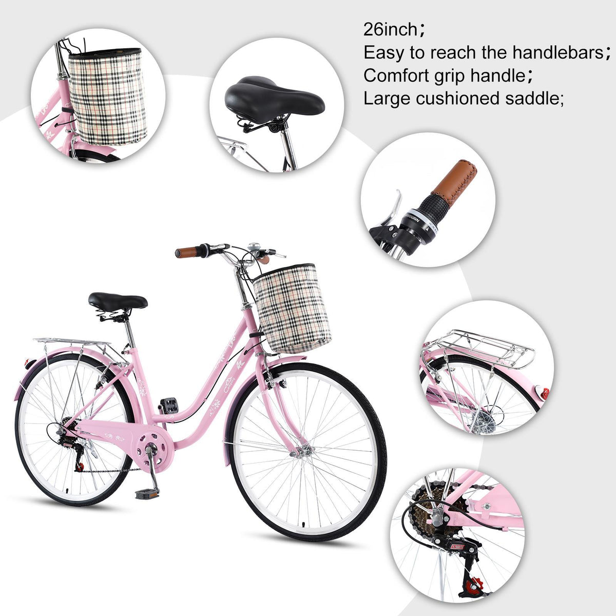 Campingsurvivals Urban Commuter City Bike, 7 Speed Adult Road Bicycle, Pink