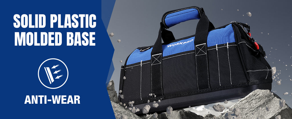 16-inch Wide Mouth Tool Bag with Water Proof Molded Base | Multi-Pocket, Heavy Duty Cloth, Adjustable Shoulder Strap, Double-pull Zipper, For Workshops, Outdoor Projects