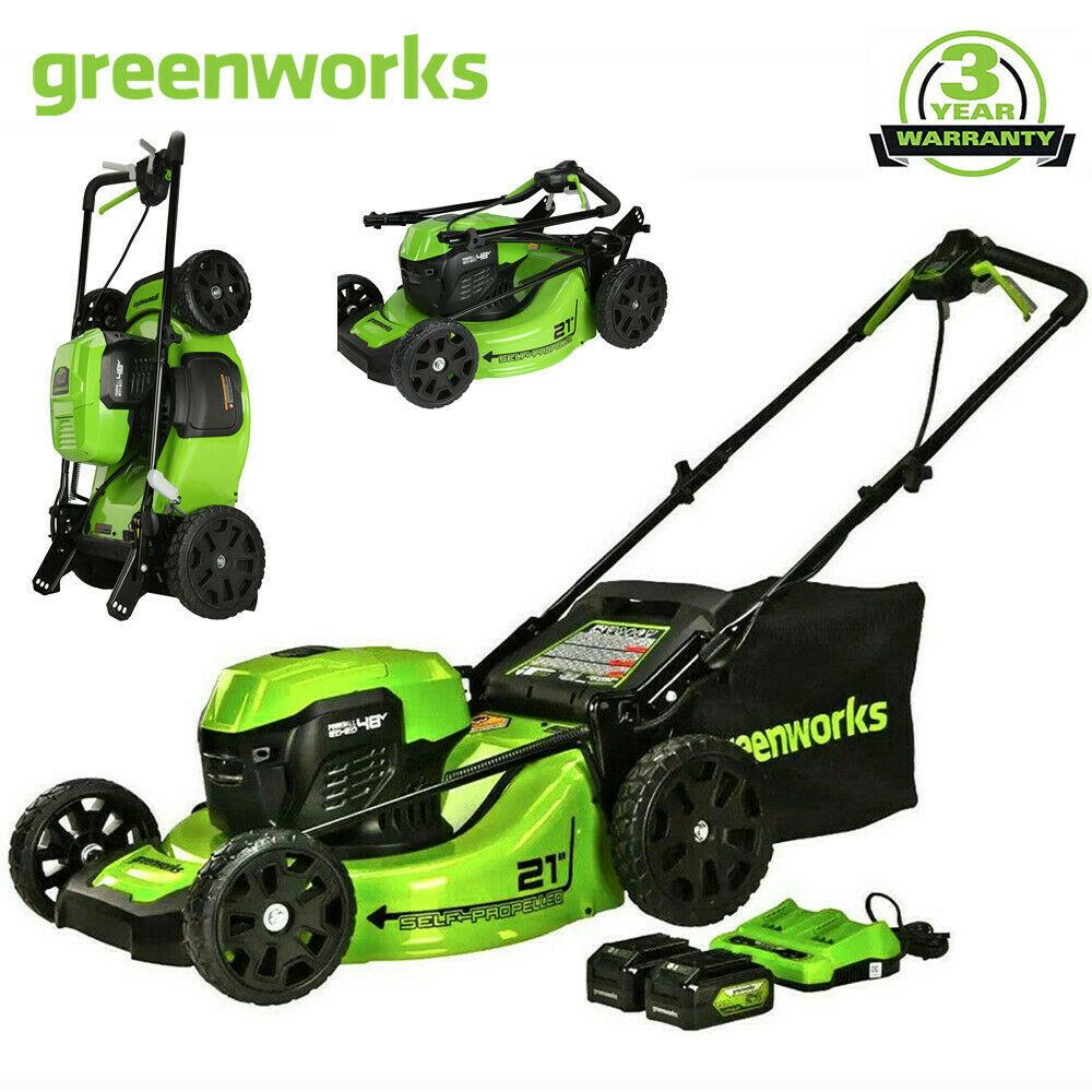 Greenworks 48V 21'' Cordless Lawn Mower Self Propelled Steel Deck 2x 5Ah Battery