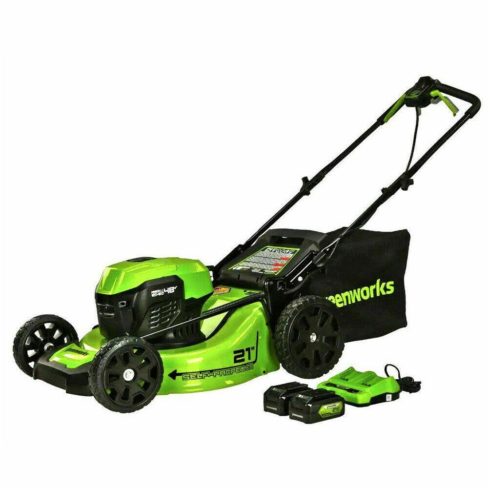 Greenworks 48V 21'' Cordless Lawn Mower Self Propelled Steel Deck 2x 5Ah Battery