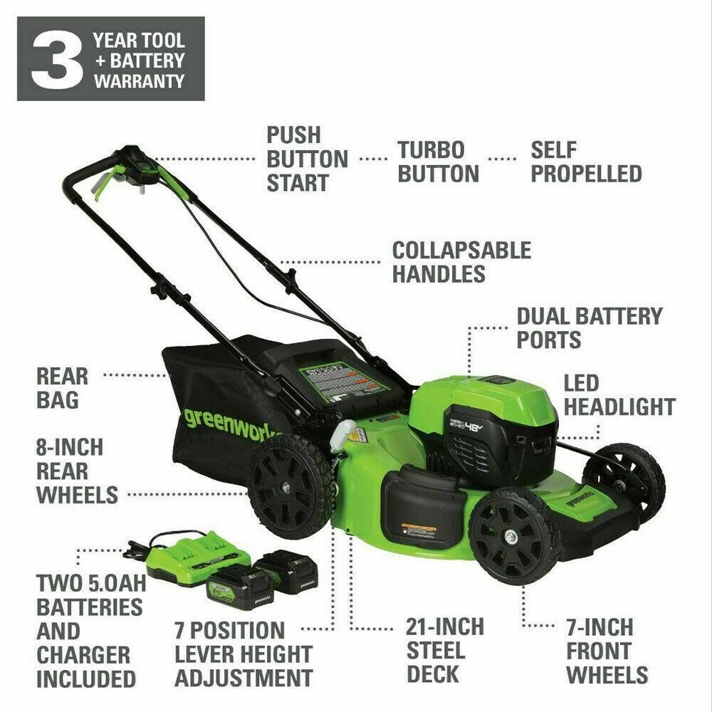 Greenworks 48V 21'' Cordless Lawn Mower Self Propelled Steel Deck 2x 5Ah Battery