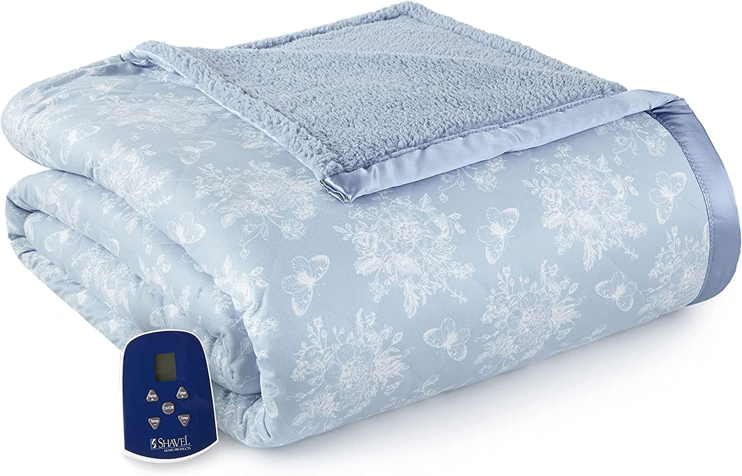 Twin-Size Heated Electric Blanket with Sherpa, Machine Wash &amp; Dry, Timer &amp; Safety Shutoff, 84Lx62W, Toile Sky Blue