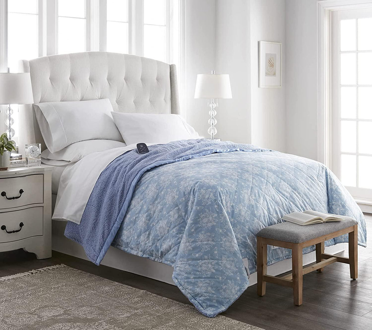 Twin-Size Heated Electric Blanket with Sherpa, Machine Wash &amp; Dry, Timer &amp; Safety Shutoff, 84Lx62W, Toile Sky Blue