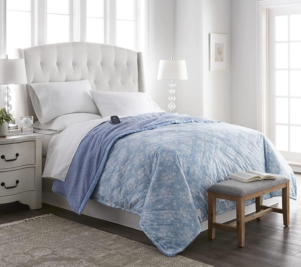 Thermee Micro Flannel Twin-Size Heated Electric Blanket with Sherpa  Machine Wash &amp; Dry  Timer &amp; Safety Shutoff  84Lx62W  Toile Sky Blue