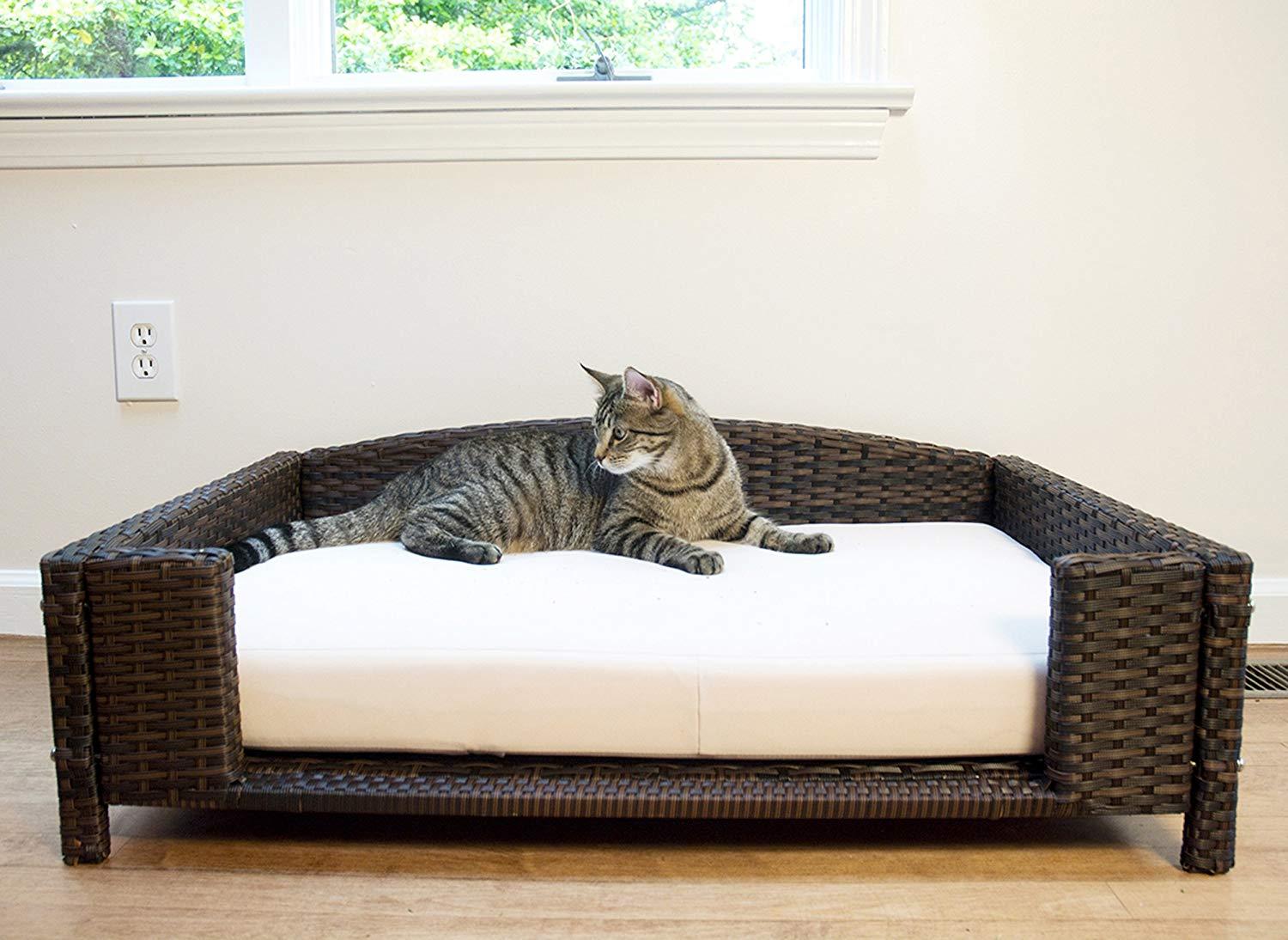 Iconic Pet Rectangular Rattan / Wicker Pet Bed in Varying Sizes  Metal Framed Indoor / Outdoor Furniture for Dogs / Cats Made of Pliable Rattan, Easy to Clean, Water Resistant Cushion Cover