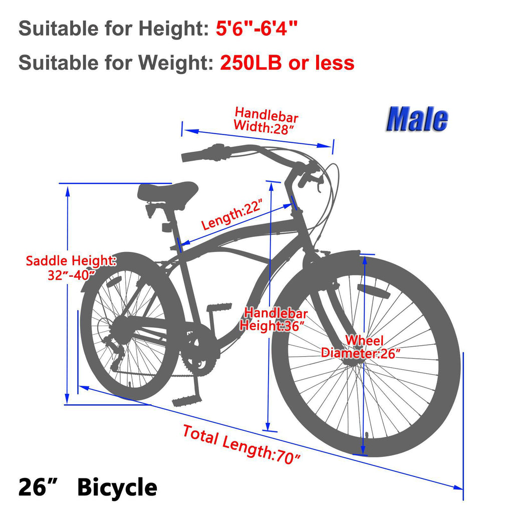 ABORON Adult Cruiser Bike 7 Speed 26 Inch, Beach Cruiser Bicycle for Men ,Steel Frame, Beach Cruiser Bikes , Black &amp; Pink
