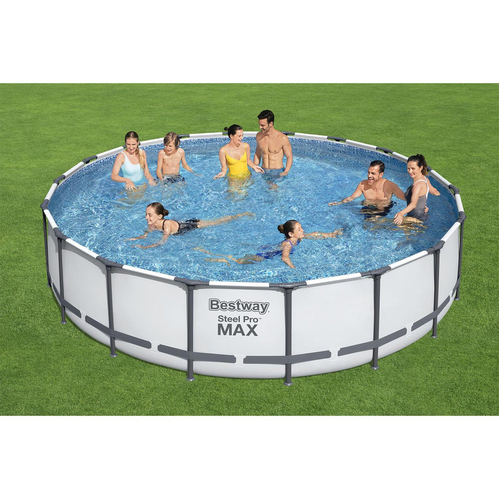 18 x 4 Foot Round Steel Frame Above Ground Backyard Swimming Pool with Cleaning Kit Maintenance Tool Skimmer and Vacuum