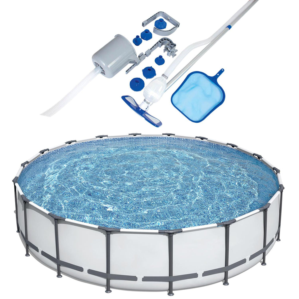18 x 4 Foot Round Steel Frame Above Ground Backyard Swimming Pool with Cleaning Kit Maintenance Tool Skimmer and Vacuum