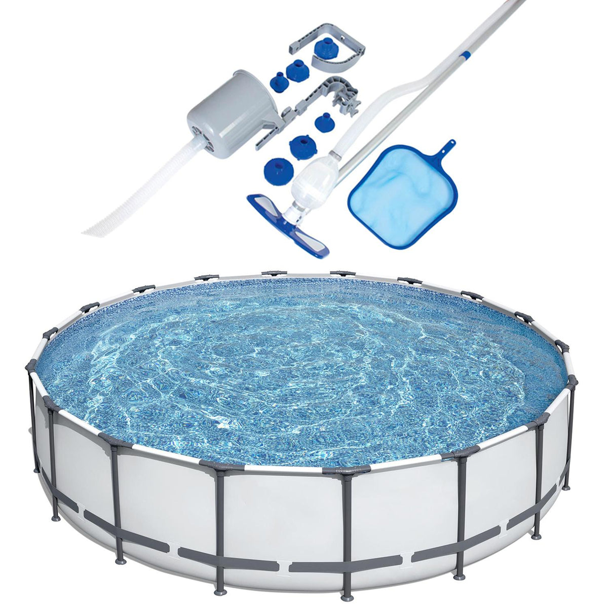 18 x 4 Foot Round Steel Frame Above Ground Backyard Swimming Pool with Cleaning Kit Maintenance Tool Skimmer and Vacuum