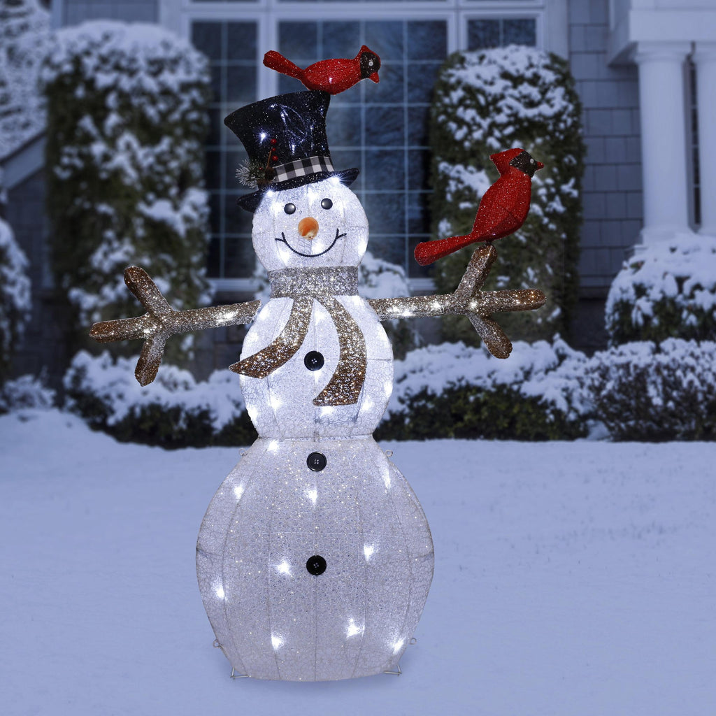 Alpine Corporation 74-Inch Mesh Snowman Décor with Red Birds and LED Lights