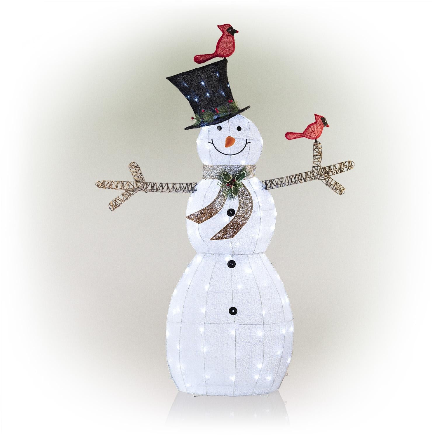 Alpine Corporation 74-Inch Mesh Snowman Décor with Red Birds and LED Lights
