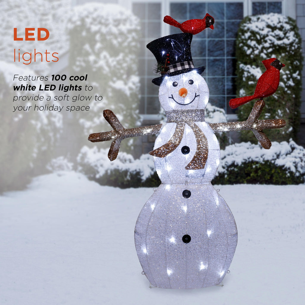 Alpine Corporation 74-Inch Mesh Snowman Décor with Red Birds and LED Lights