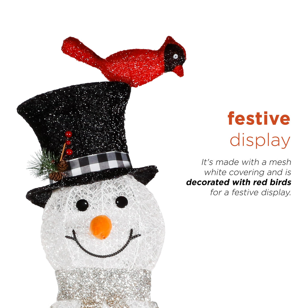 Alpine Corporation 74-Inch Mesh Snowman Décor with Red Birds and LED Lights