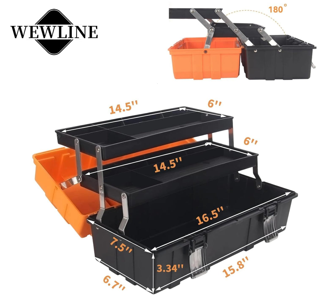 16.5-Inch Tool Box Organizer 3-Layer Multiplication Plastic StoraToolbox with Portable Handle Perfect for Home Office Car Trunk Fishing