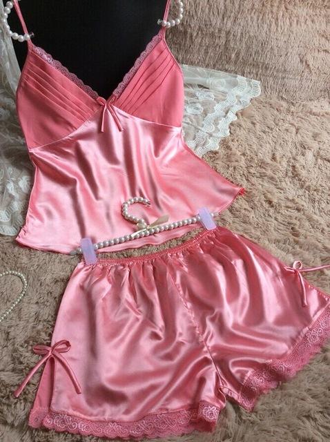 Clothing -  Women Sexy Deep V-neck Sleeveless Silk Lace Top With Shorts Sleepwear Set