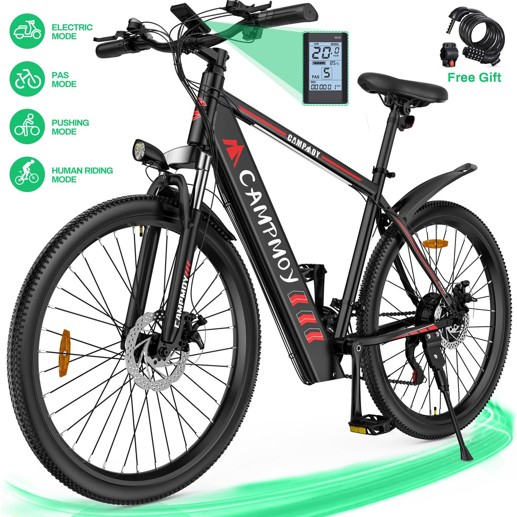 Campmoy 350W Electric Mountain Bike,  21-Speed Shifter, -in 36V/10.4Ah Battery, Adult Ebike Electric Bicycle with 4 WorModes, Up to 20MPH Speed, IPX5 Waterproof, Bike Lock