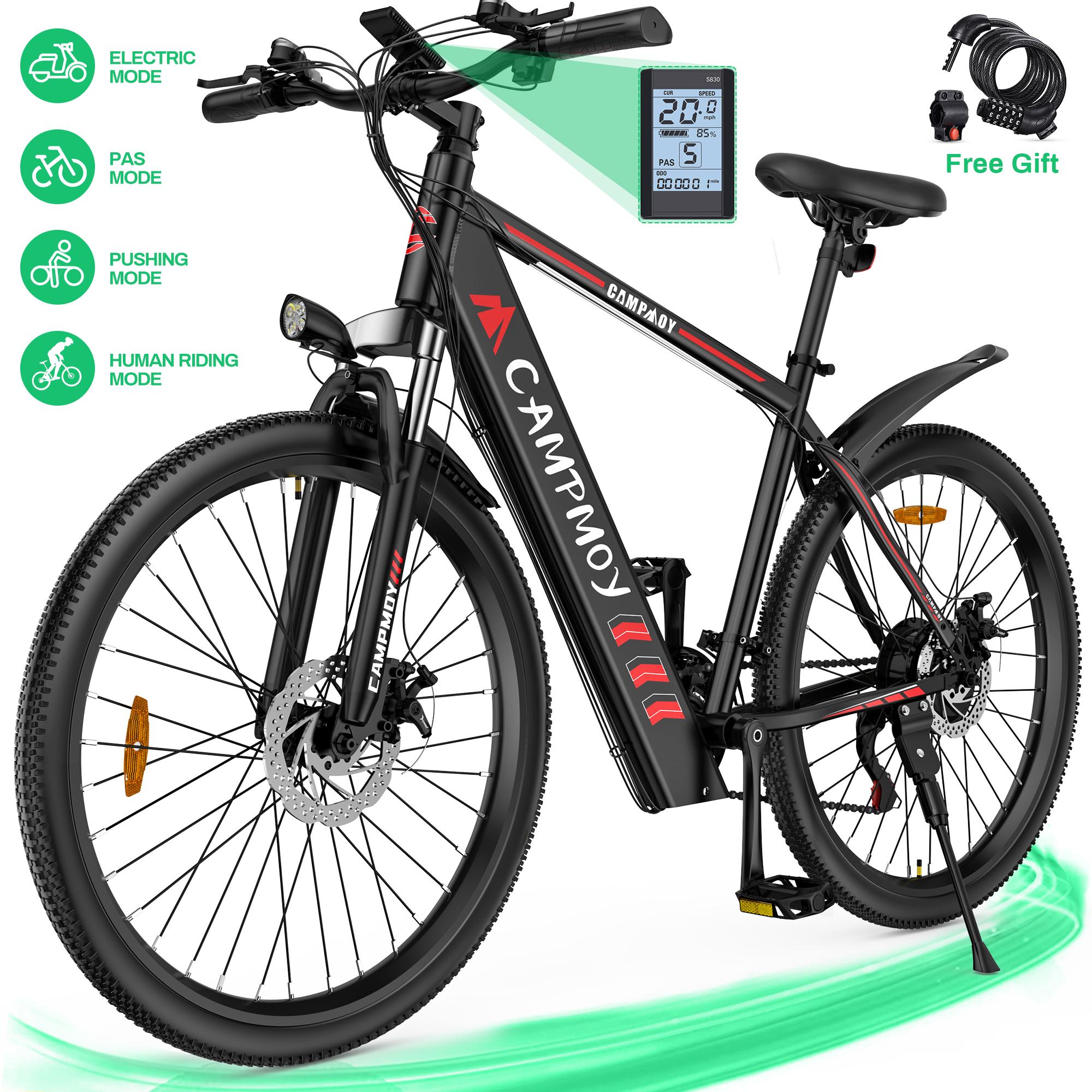 Campmoy 350W Electric Mountain Bike,  21-Speed Shifter, -in 36V/10.4Ah Battery, Adult Ebike Electric Bicycle with 4 WorModes, Up to 20MPH Speed, IPX5 Waterproof, Bike Lock