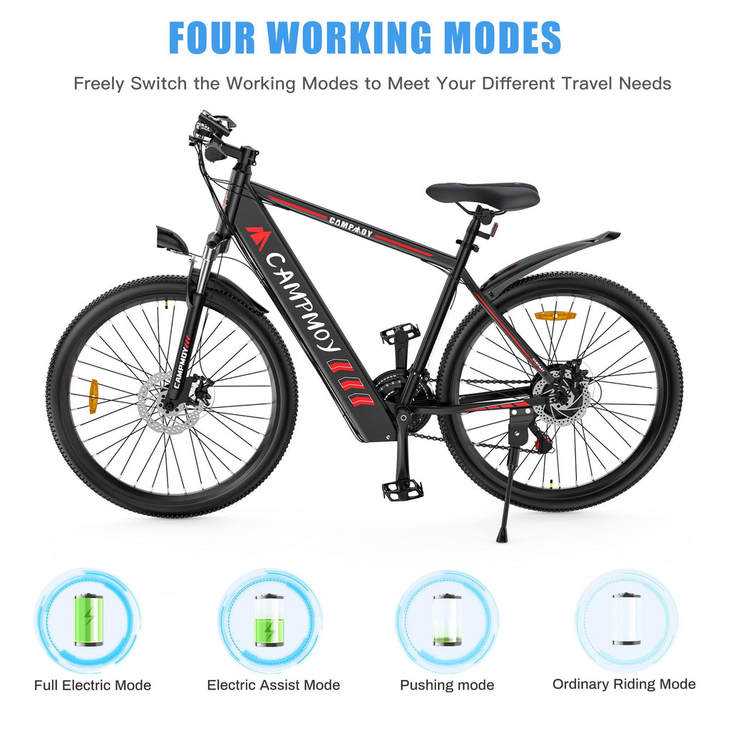 Campmoy 350W Electric Mountain Bike,  21-Speed Shifter, -in 36V/10.4Ah Battery, Adult Ebike Electric Bicycle with 4 WorModes, Up to 20MPH Speed, IPX5 Waterproof, Bike Lock