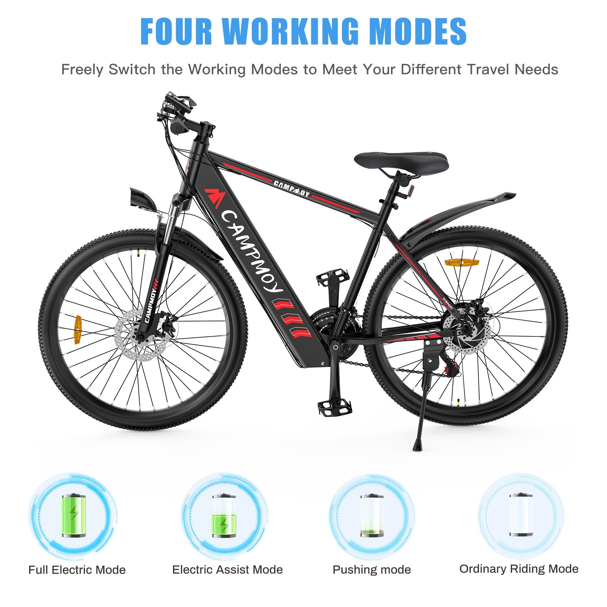 Campmoy 350W Electric Mountain Bike,  21-Speed Shifter, -in 36V/10.4Ah Battery, Adult Ebike Electric Bicycle with 4 WorModes, Up to 20MPH Speed, IPX5 Waterproof, Bike Lock