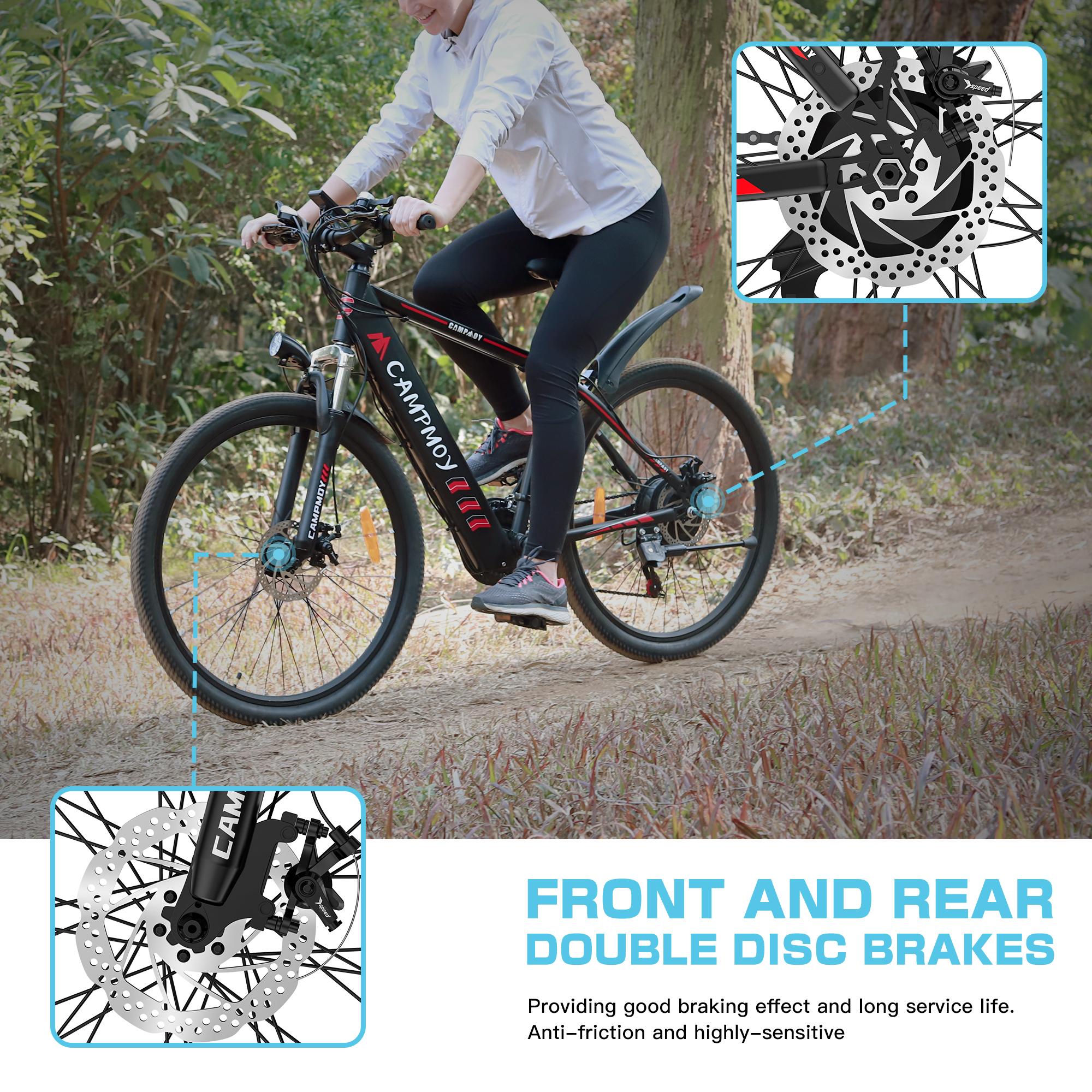 Campmoy 350W Electric Mountain Bike,  21-Speed Shifter, -in 36V/10.4Ah Battery, Adult Ebike Electric Bicycle with 4 WorModes, Up to 20MPH Speed, IPX5 Waterproof, Bike Lock