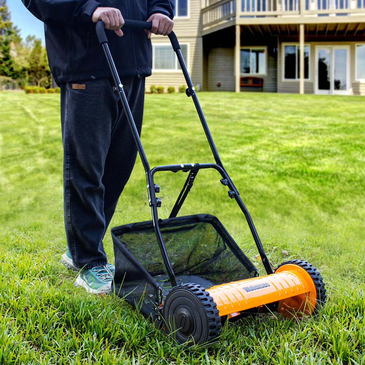 Manual Reel Lawn Mower with Grass Catcher, 16-Inch Cutting Width | 16-inch cutting width for efficient yard care, manual push mower with 7.9-gallon grass collection bag for quiet, clean mowing