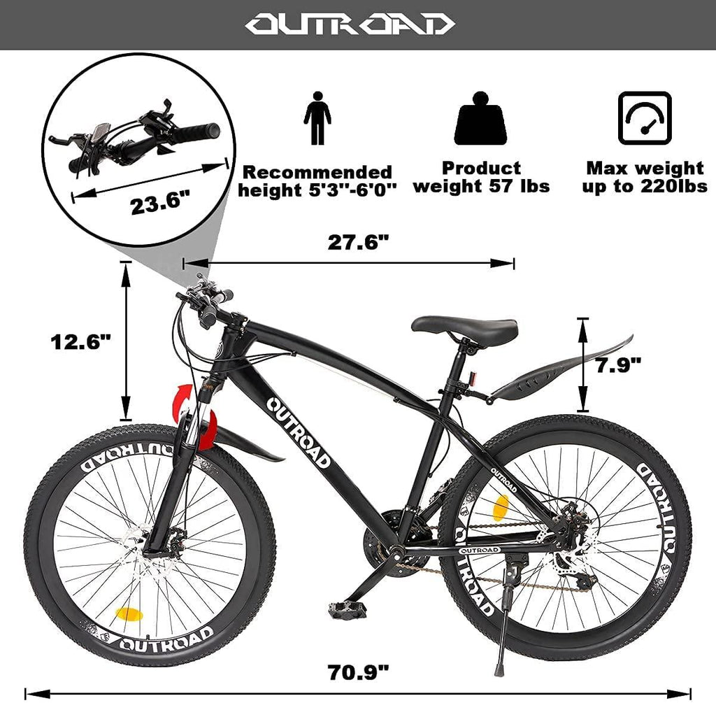 Outroad 26 Inches Mountain Bike for Men/Women, 21 Speeds Trek Bike, 26 in Wheels, Full Suspension Adult Bicycle Spring Fork Anti-Slip Bikes, Black