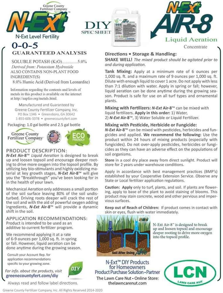 n-ext liquid lawn and yard fertilizer soil activator by greene county fertilizer - 4 gallons - 7-0-0 greeneeffect - liquid d-thatch - liquid aeration air8 - root growth stimulant (rgs)