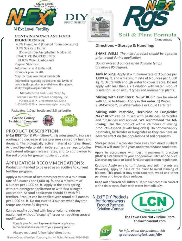 n-ext liquid lawn and yard fertilizer soil activator by greene county fertilizer - 4 gallons - 7-0-0 greeneeffect - liquid d-thatch - liquid aeration air8 - root growth stimulant (rgs)