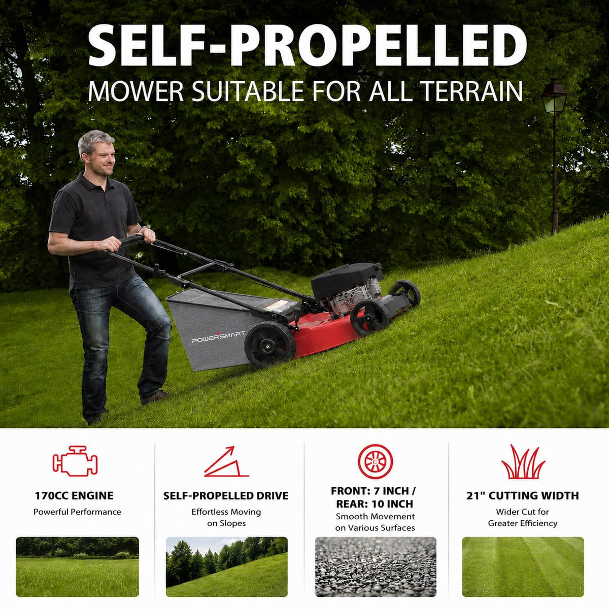 21" Gas Self-Propelled Lawn Mower for Hills &amp; Medium Yards | 170cc OHV | 3-in-1 Mulching/Bagging/Dischar| 6-Position Height | Alloy Steel Deck | Easy Start | Rear-Wheel Drive