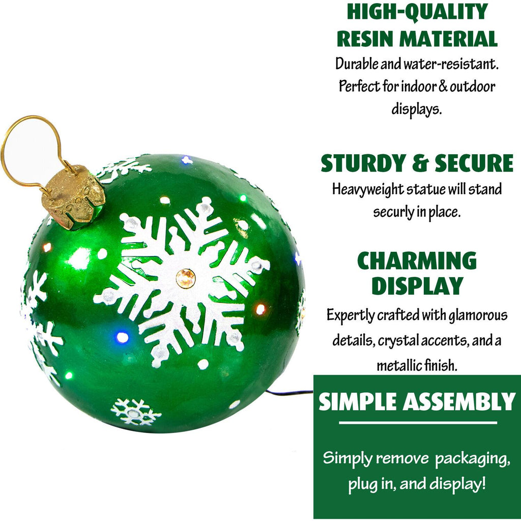 Fraser Hill Farm Indoor/Outdoor Oversized Christmas Decor w/ Long-Lasting LED Lights, 18-In. Jeweled Ball Ornament w/Snowflake  in Green
