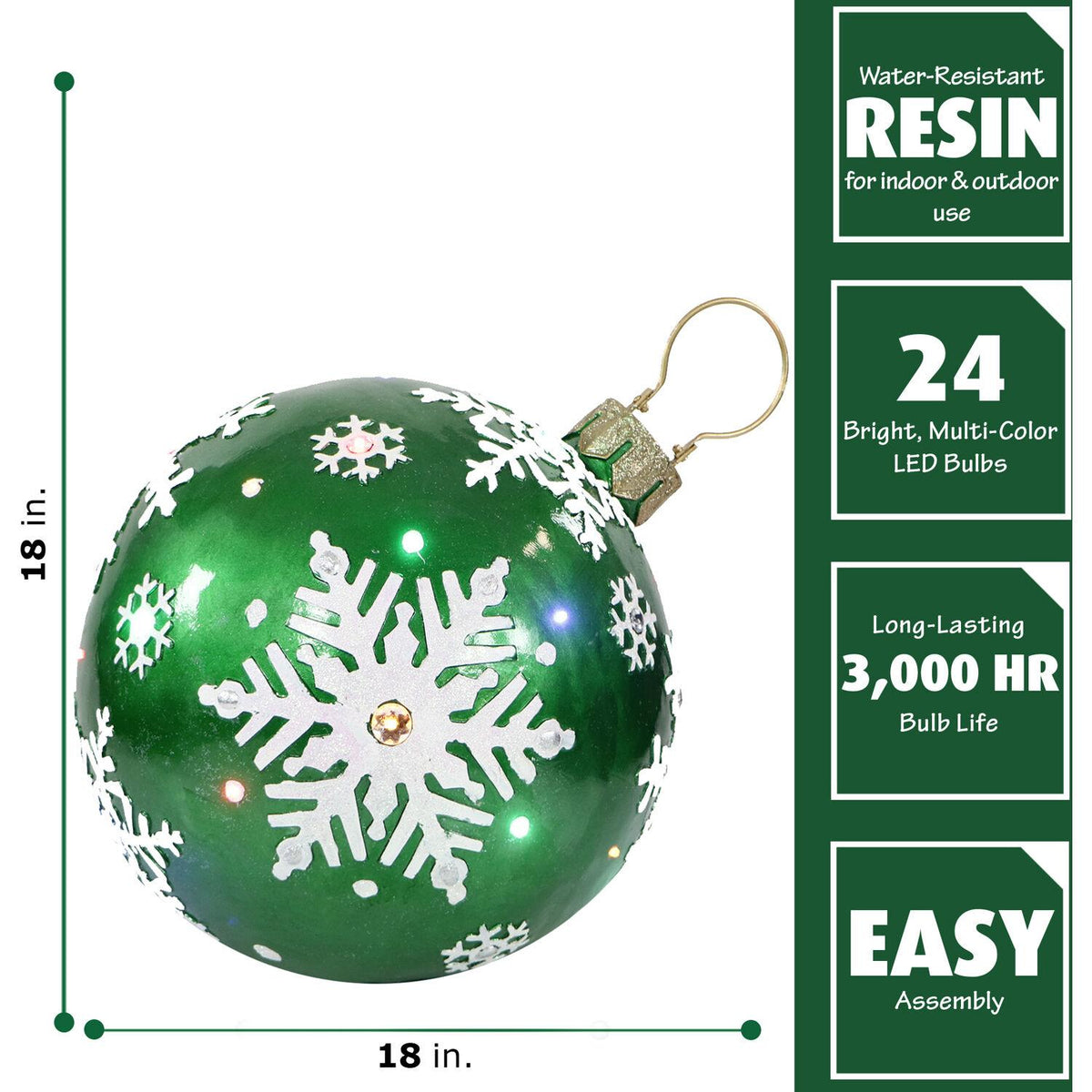 Fraser Hill Farm Indoor/Outdoor Oversized Christmas Decor w/ Long-Lasting LED Lights, 18-In. Jeweled Ball Ornament w/Snowflake  in Green