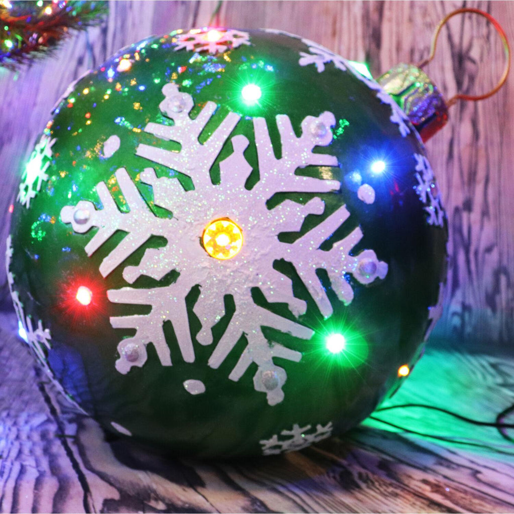 Fraser Hill Farm Indoor/Outdoor Oversized Christmas Decor w/ Long-Lasting LED Lights, 18-In. Jeweled Ball Ornament w/Snowflake  in Green