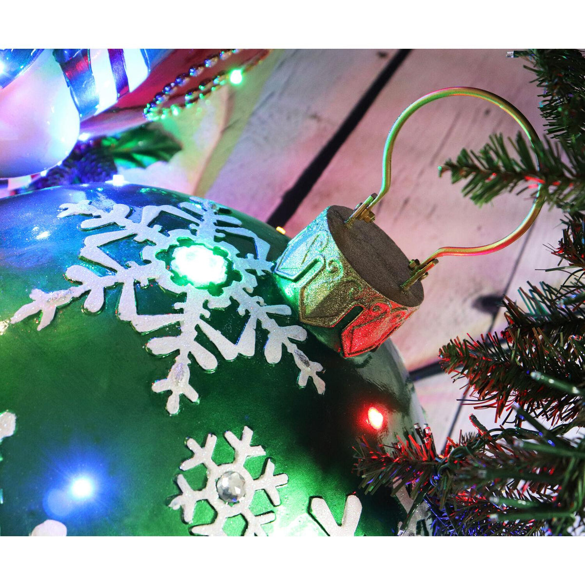 Fraser Hill Farm Indoor/Outdoor Oversized Christmas Decor w/ Long-Lasting LED Lights, 18-In. Jeweled Ball Ornament w/Snowflake  in Green