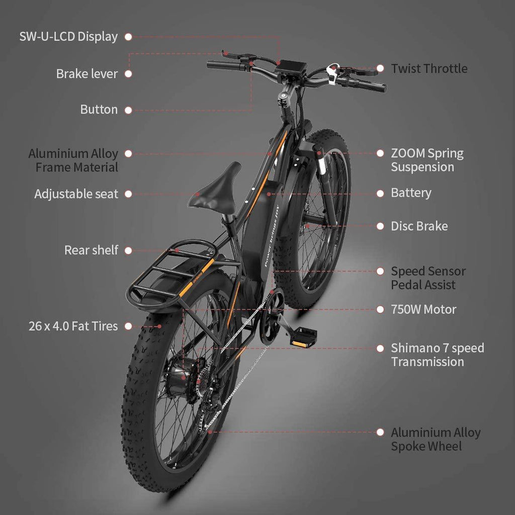 AOSTIRMOTOR Fat Tire Bike, 750W 48V 13AH Ebike with Rack and Fender, 26 ‘’4.0 inch E Mountain Bike, Electric Bicycle for Adults