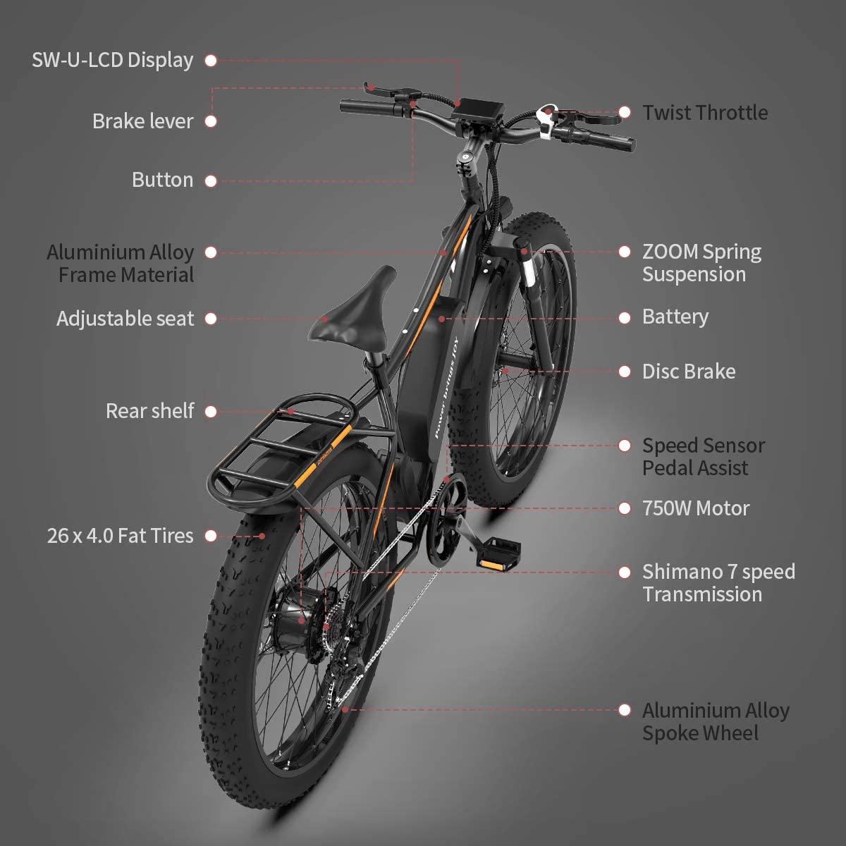 AOSTIRMOTOR Fat Tire Bike, 750W 48V 13AH Ebike with Rack and Fender, 26 ‘’4.0 inch E Mountain Bike, Electric Bicycle for Adults