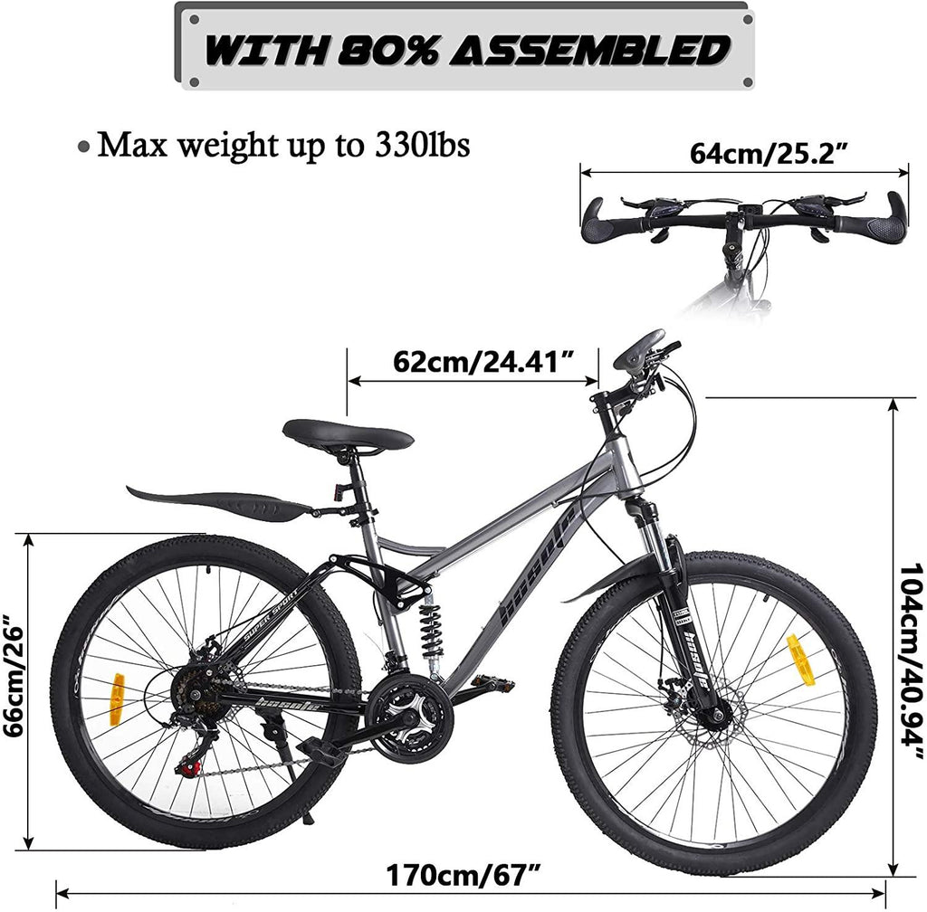 hosote 26 Inch Mountain Bike, Full Suspension 21 Speed High-Tensile Carbon Steel Frame MTB with Dual Disc Brake for Men and Women