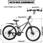 hosote 26 Inch Mountain Bike, Full Suspension 21 Speed High-Tensile Carbon Steel Frame MTB with Dual Disc Brake for Men and Women